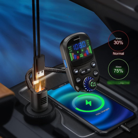 משדר FM רב תכליתי לרכב — מוזיקה ועוזר קולי