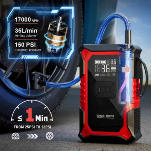 Arrancador de Coche Portátil – Compresor Integrado y Lámpara LED 