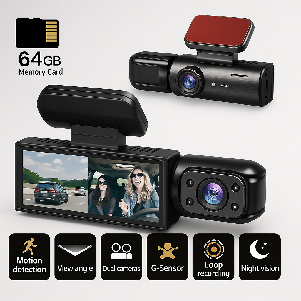 Dashcam Dobbelt Full HD Bil - Nattesyn + Indvendig Kamera 